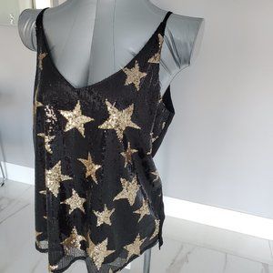Shinestar Black & Gold Star Spaghetti Strap Sparkly Sequins V Neck Tank Large